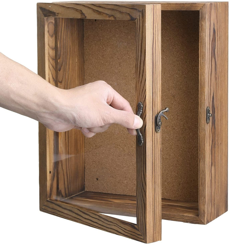 Burnt Wood Shadow Box with Cork Board Backing, 11x14 Wall Mounted Display Case and Clear Acrylic Front Panel Door-MyGift