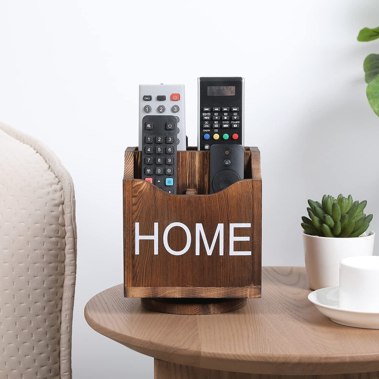 360-Degree Rotating Remote Control Caddy, Wooden Desktop Organizer with Burnt Wood Finish, White Stenciled HOME-MyGift