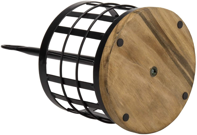 Rustic Brown Wood and Black Metal Wire Paper Towel Roll Holder Stand with Top Ring Handle