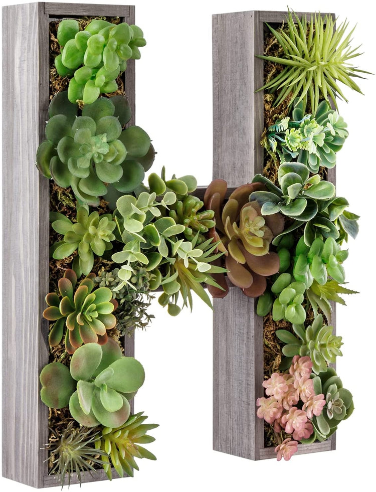 Artificial Plant Hanging Wall Art Decorative Sign, Vintage Gray Wood Planter Box Style Frame-MyGift