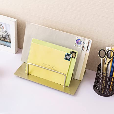 Modern Brass Tone Metal Mail Holder Countertop Organizer, 2-Slot Desktop Mail Sorter, Document Storage Rack-MyGift
