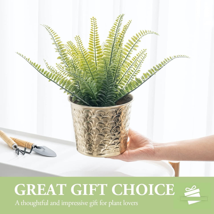 6.5 Inch Brass Tone Metal Tapered Plant Pot with Embossed Ginkgo Leaves Pattern, Planter with Art Deco Design-MyGift