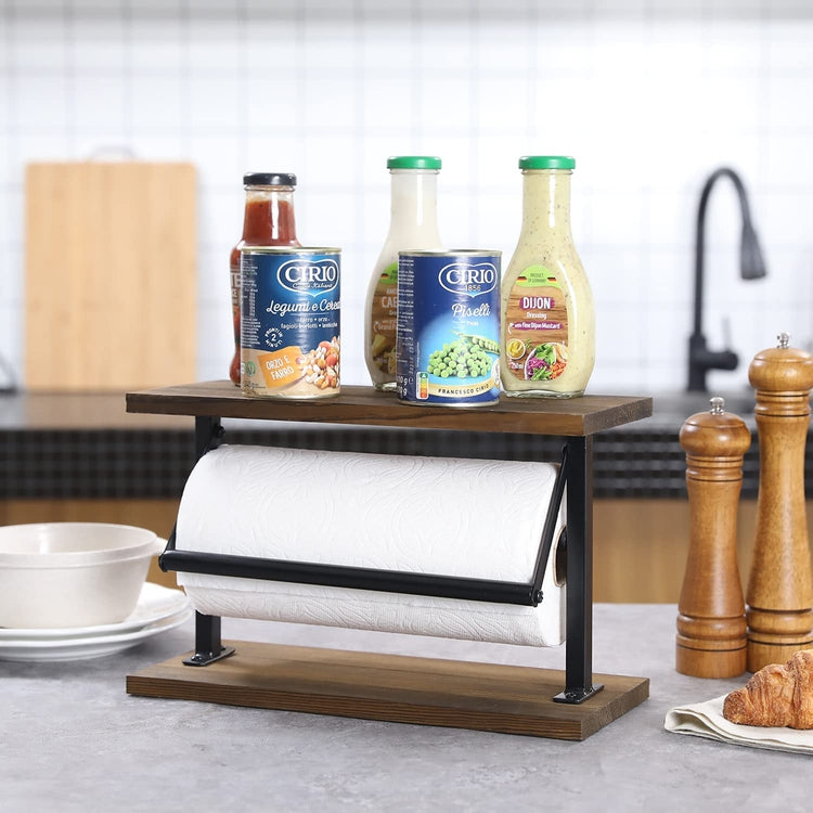Kitchen Paper Towel Holder Countertop Rack, Rustic Burnt Wood and Metal Towel Dispenser with Top Shelf-MyGift