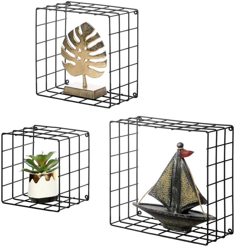 Set of 3, Matte Black Metal Wire Mesh Wall Mounted Square Shadow Box Style Floating Display Shelves, - 11, 10 and 8 inch-MyGift
