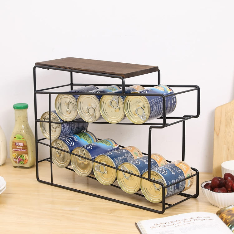 Can Dispenser for Pantry, Black Metal Wire Soda Refrigerator Storage Organizer Rack with Burnt Wood Top Shelf-MyGift