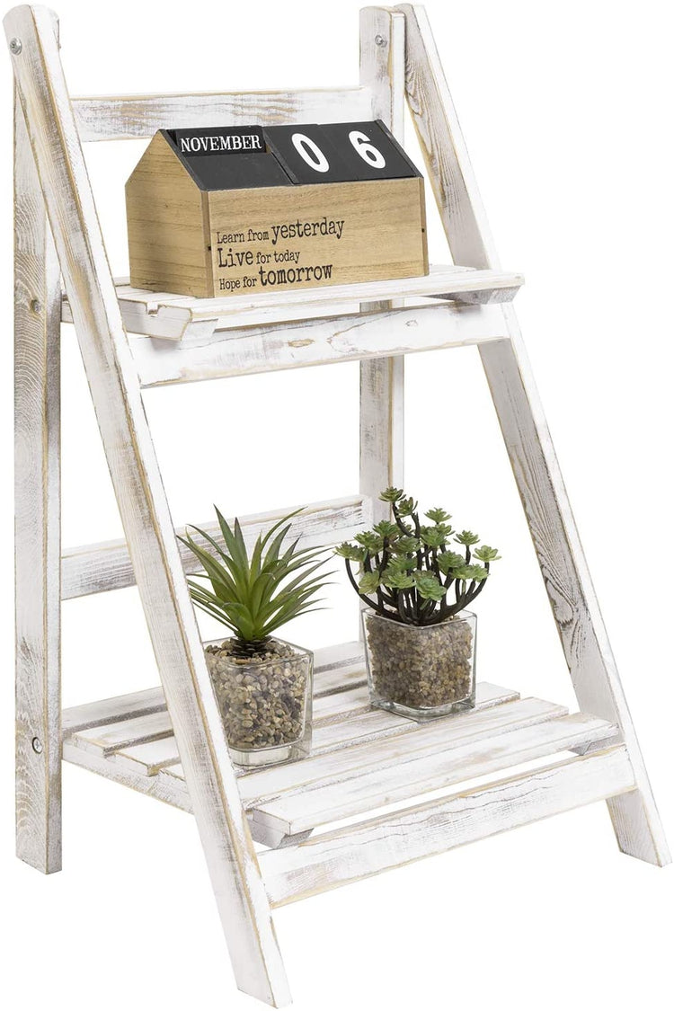 indoor ladder planter 2-tier Whitewashed Wood Foldable Ladder Planter Display Stand