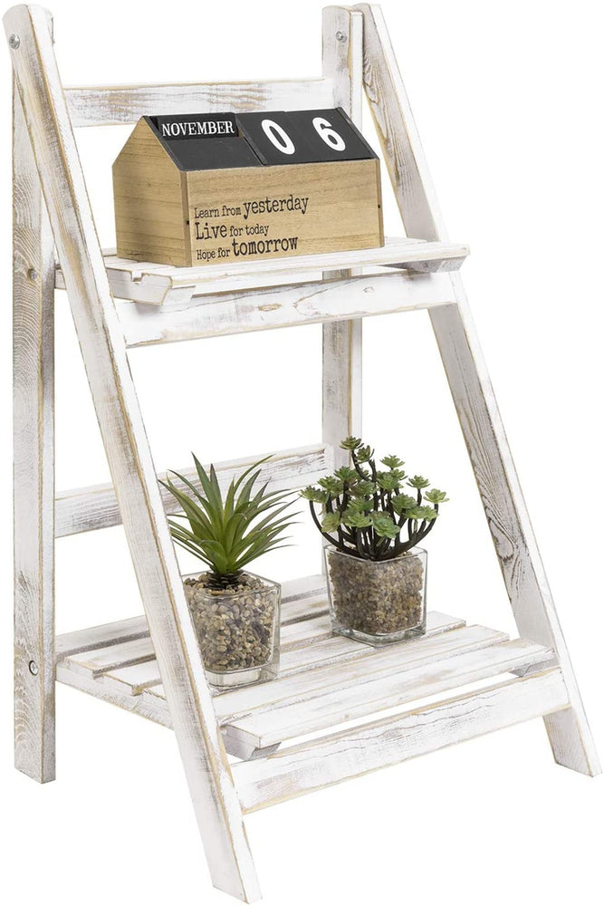 2-tier Whitewashed Wood Foldable Ladder Planter Display Stand-MyGift