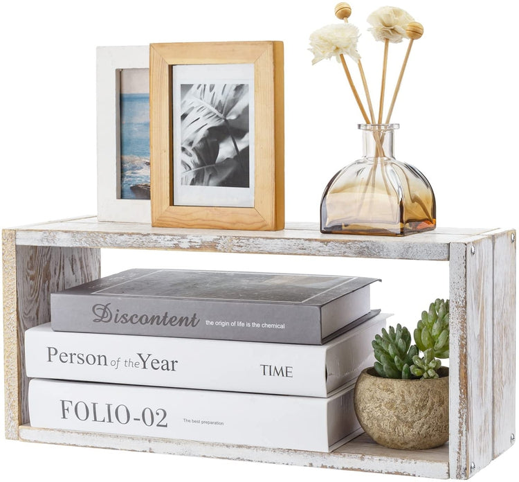 Whitewashed Wood Wall Mounted Floating Shadow Box Kitchen Shelf, Rectangular Wooden Display Shelf and Spice Storage Rack-MyGift