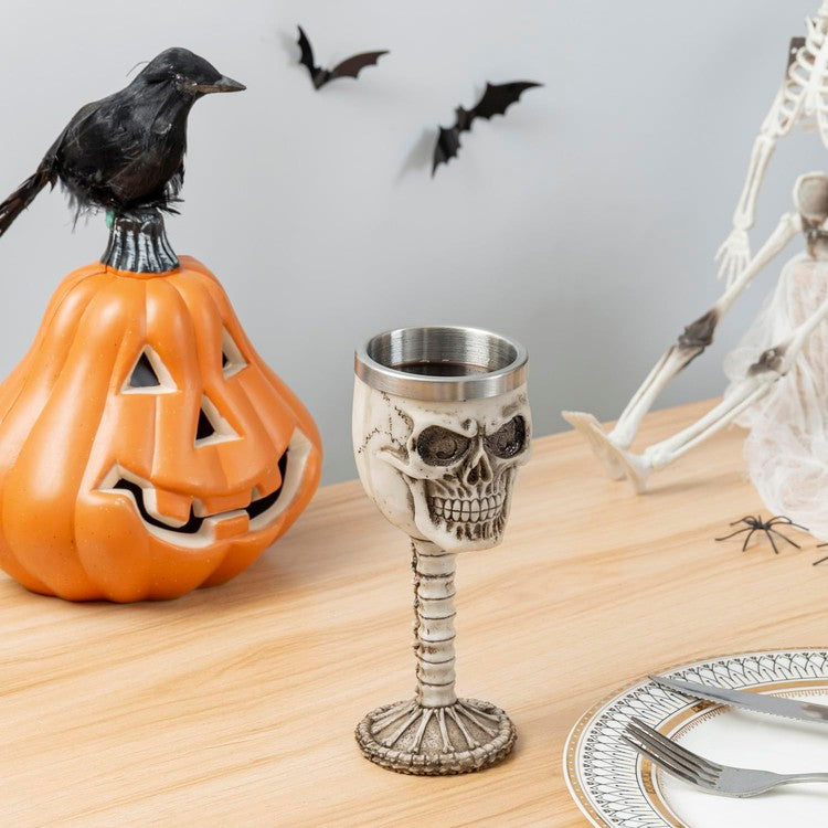 Beige Resin Skull and Bones Wine Goblet, Skeleton Chalice Drinking Cup for Halloween Table Décor-MyGift