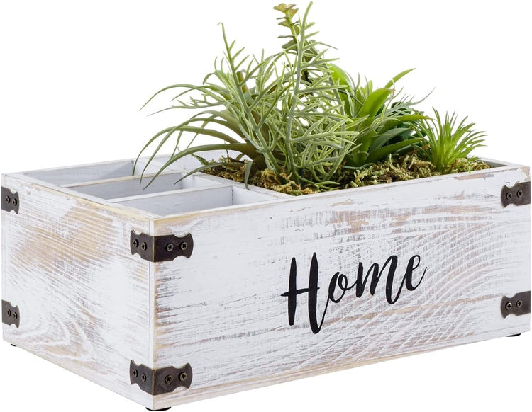 Whitewashed Wood Remote Control Caddy with Artificial Succulent Planter, Black Metal Accents, Cursive "Home" Lettering-MyGift
