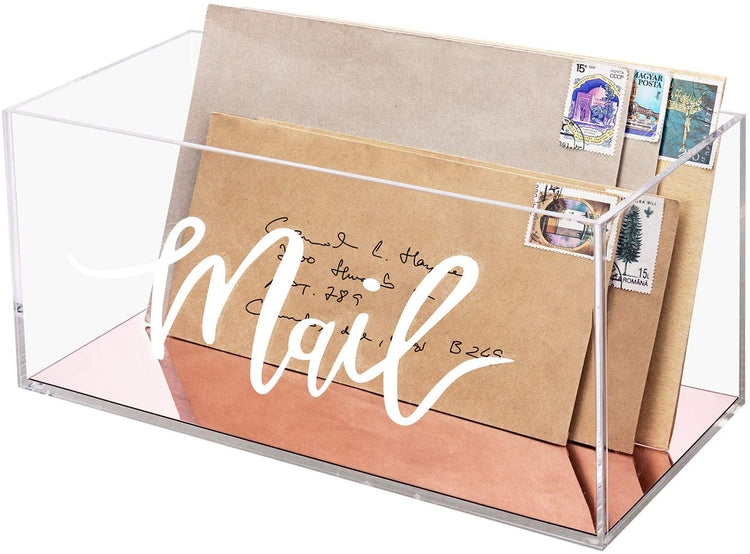 Clear Acrylic Tabletop Mail Holder Box with Rose Gold Mirror Base