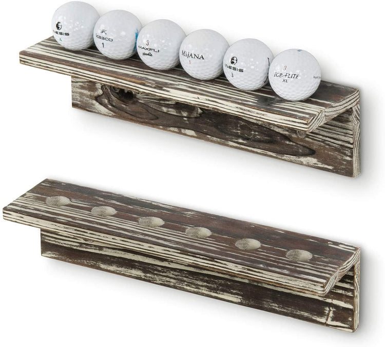 Set of 2, 12-inch Wall Mounted Rustic Torched Wood Golf Ball Display Rack-MyGift