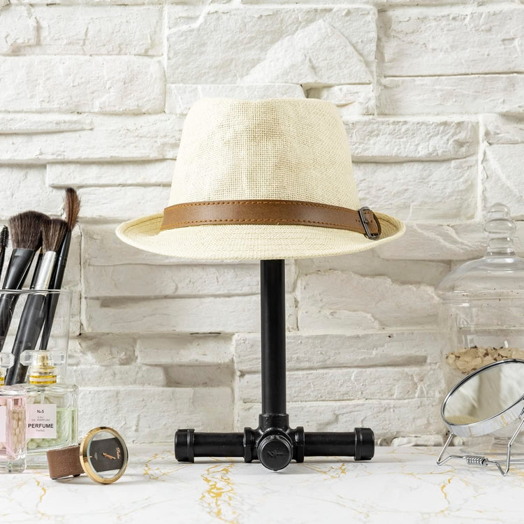 Industrial Tabletop Hat Rack, Rustic Burnt Wood and Black Metal Pipe Cap and Wig Display Stand-MyGift