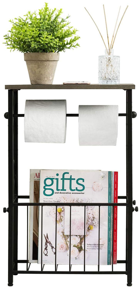 Black Metal Toilet Paper Roll Holder with Gray Wood Storage Shelf, Scroll Metal Design and Bottom Magazine Basket-MyGift