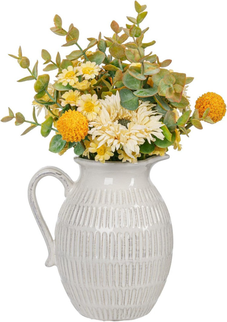 Small Jug Flower Vase, Off-White Vertical Ribbed Ceramic Tabletop Decorative Pitcher, Floral Arrangement Planter Vase-MyGift