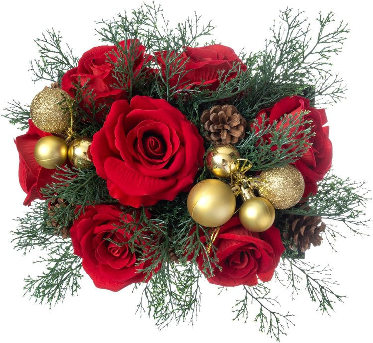 Tabletop Centerpiece Christmas Decoration, Artificial Red Rose Flowers, Cedar Picks, and Gold Tone Ornaments-MyGift
