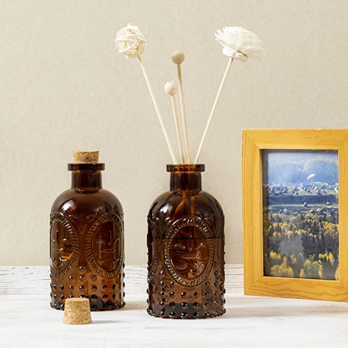 Set of 2 Amber Glass Diffuser Bottles with Cork Lid, Decorative Apothecary Embossed Flower Bud Vase-MyGift