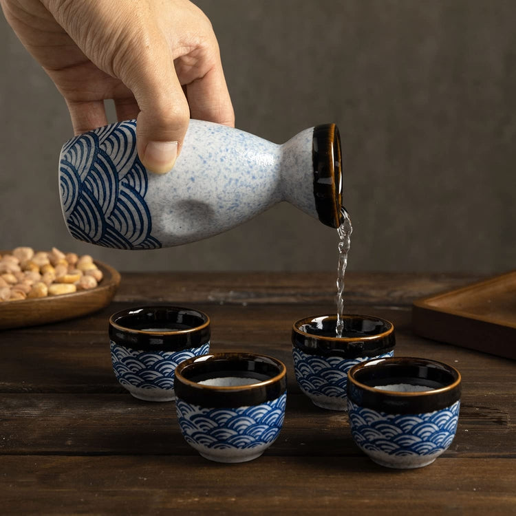 Japanese Glazed Ceramic Sake Set with Oriental Style Blue Ocean Waves Design Includes Serving Carafe and 4 Sake Cups