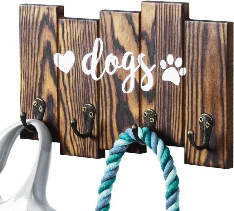 Wall Mounted Burnt Wood Dog Leash Holder and Key Rack with White Cursive Lettering Dogs Label, Heart, and Paw Print Sign-MyGift