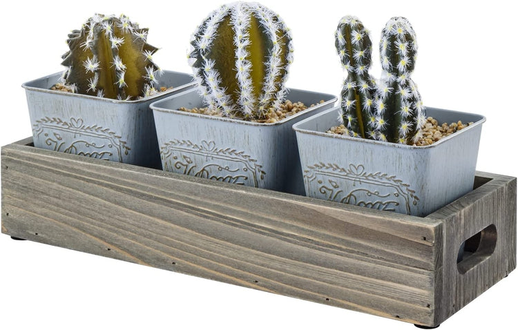 Artificial Plant Display, Mini Assorted Faux Cactus, Indoor Fake House Plants in Tin Bucket Planter, Gray Wood Crates-MyGift