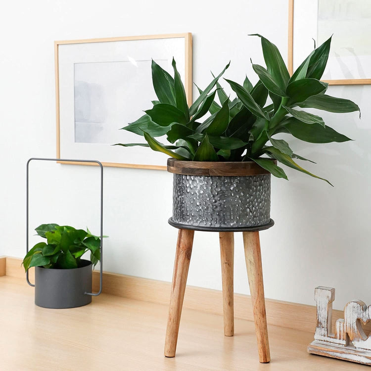 Hammered Galvanized Metal Flower Planter Pot with Weathered Wood Trim and Wooden Legs-MyGift