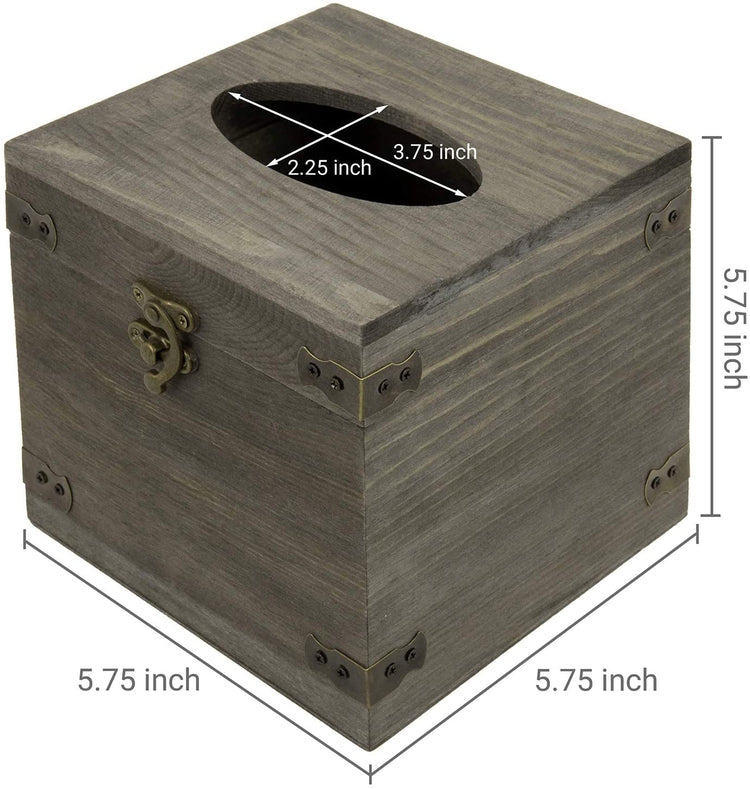 Vintage Gray Wood Square Facial Tissue Box Holder with Hinged Lid and Hook Latch-MyGift