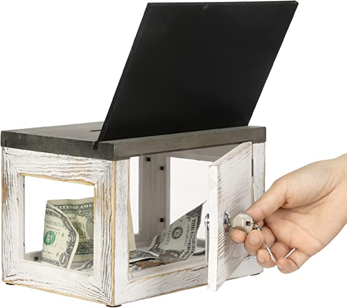 Weathered Gray Wood Suggestion Box, Tip Collection and Donation Box with Clear Acrylic Panel, Lock, Key, Removable Chalkboard & Clear Sign Holder-MyGift