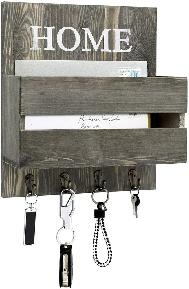 HOME Gray Solid Wood Entryway Mail Sorter, Wall Mounted Magazine Organizer Rack with 4 Key Hooks-MyGift