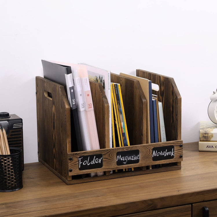 Burnt Brown Wood Office Desktop Document File Folder Binder Storage Organizer Rack with Chalkboard Labels-MyGift