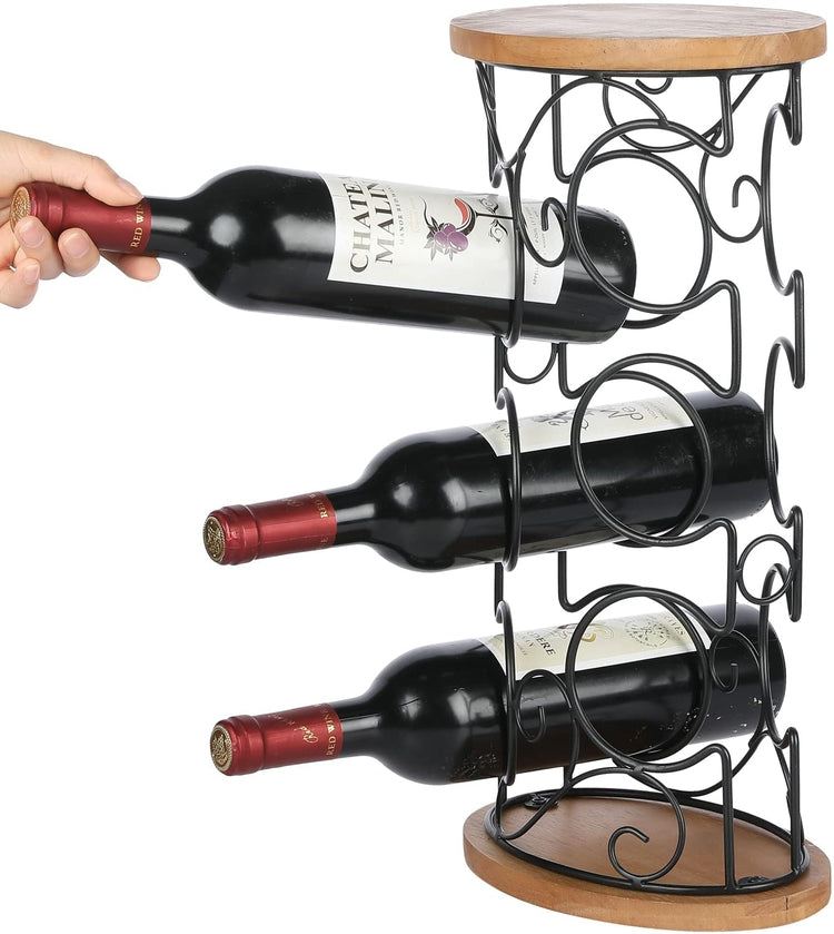 Wood Countertop Wine Rack with Black Metal Scrollwork Design, Decorative Wine Bottle Holder, Holds 6 Bottles-MyGift