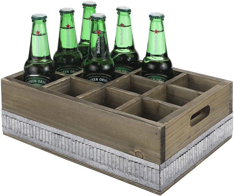 12-Slot Reclaimed Style Barn Wood Beverage Carrier, Beer Caddy Crate with Galvanized Metal Accent-MyGift