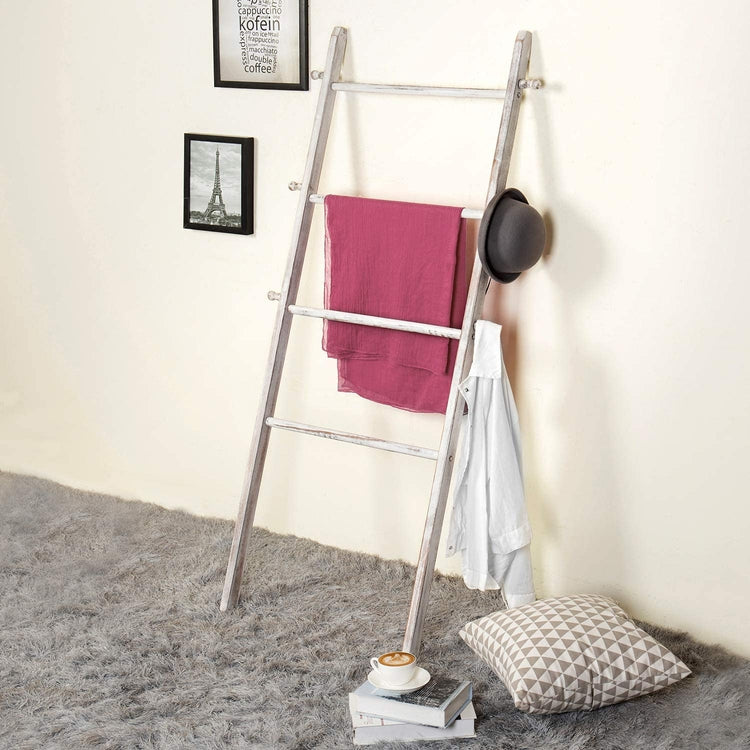 5-Foot Wall-Leaning Whitewashed Wood Ladder-Style Wall Rack-MyGift