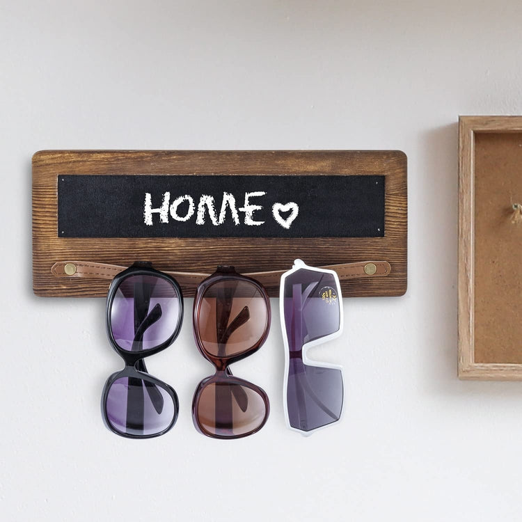 Burnt Wood Wall Mounted Chalkboard and Sunglasses Holder Rack with Brown Leatherette Hanging Rail-MyGift