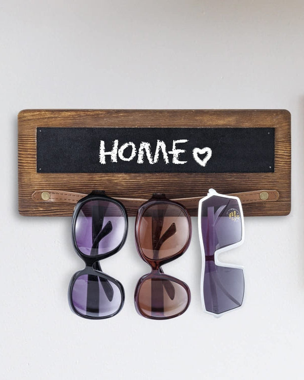 Burnt Wood Wall Mounted Chalkboard and Sunglasses Holder Rack with Brown Leatherette Hanging Rail-MyGift