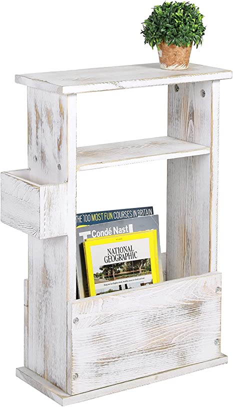 2 Tier Shabby Whitewashed Wood End Table with Magazine Holder, Display Shelf and Remote Control Holder Rack-MyGift