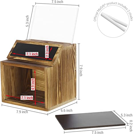 Burnt Wood Tip Collection & Donation Box w/ Clear Acrylic Window Panel, Lock, Key, Attached Chalkboard Label & Removable Sign-MyGift