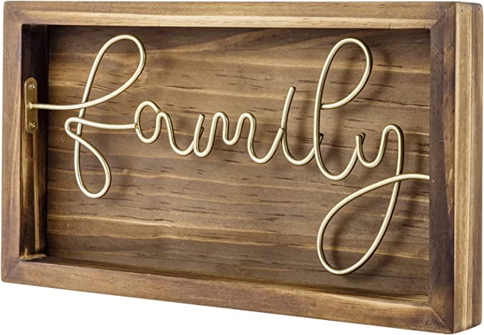 Burnt Solid Wood Framed Wall Art Sign with Brass Tone Metal Wire Cursive Family Word Sign-MyGift
