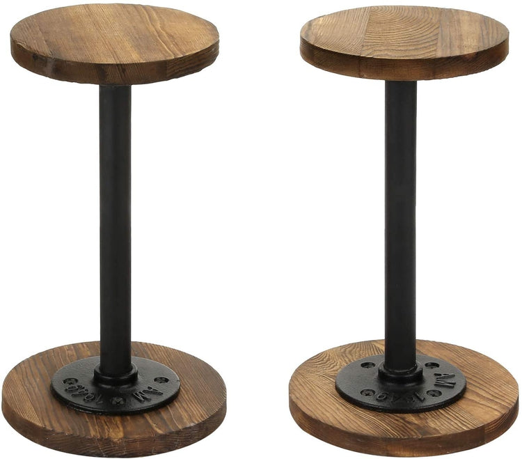 Set of 2, Metal Pipe and Dark Brown Burnt Wood Tabletop Hat Holder Racks, Jewelry Pedestal Risers-MyGift