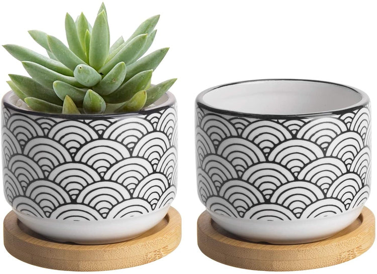 Set of 2, 3-inch Black and White Japanese Style Wave Ceramic Planter with Removable Bamboo Tray-MyGift