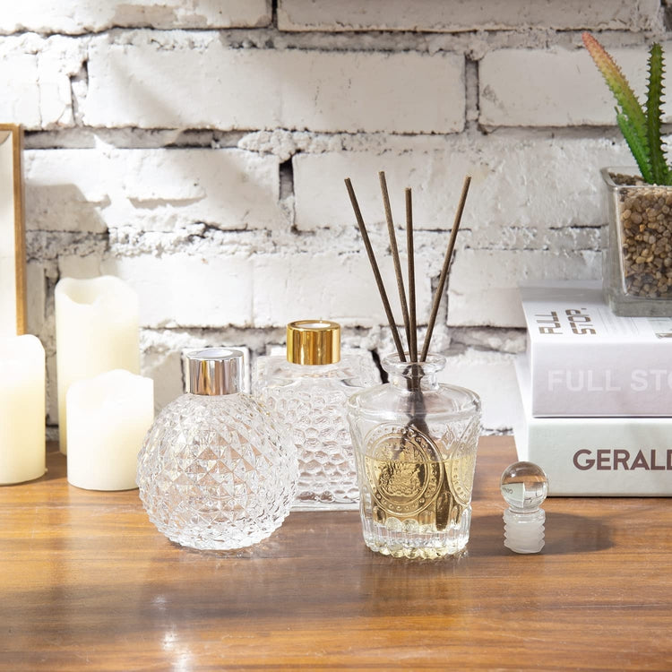 Set of 3, Clear Reed Diffuser Bottle, Decorative Small Glass Bottles with Embossed Texture and Stopper Lids-MyGift