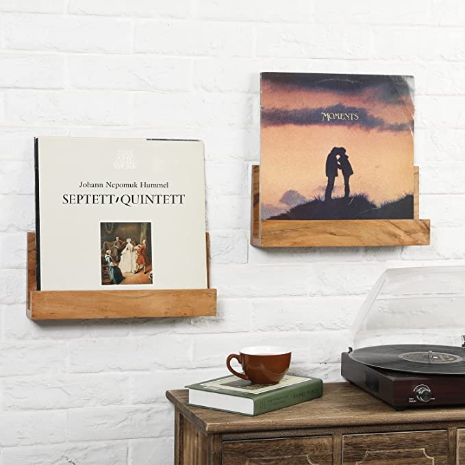 Wall Mounted Acacia Wood Vinyl Record Album Storage Racks, LP Record Holder Display Shelves, Set of 2-MyGift