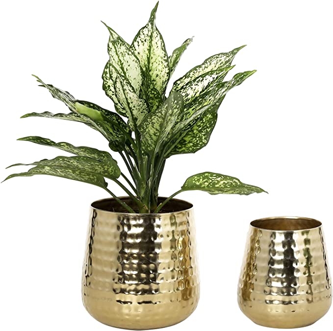 Decorative Indoor Plant Pot with Handcrafted Hammered Design, Brass Metal Succulent Planter, 2 Piece Set-MyGift
