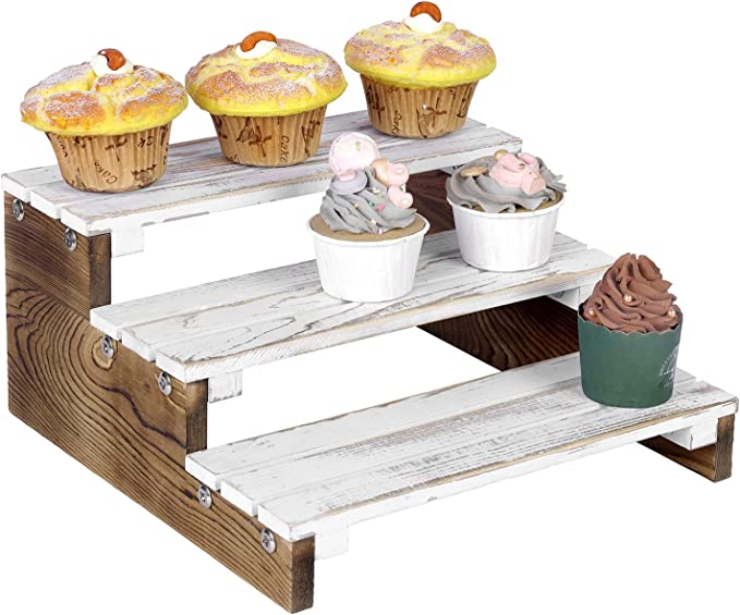 Tabletop Storage Shelving, 3 Tier Cupcake Stand Slated Whitewashed Wood Platforms with Burnt Wood Base-MyGift