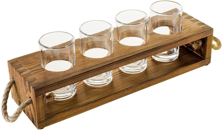 Beer Tasting Flight Serving Caddy Set with Dark Brown Wood Tray and Four 5 oz Sampler Glasses-MyGift