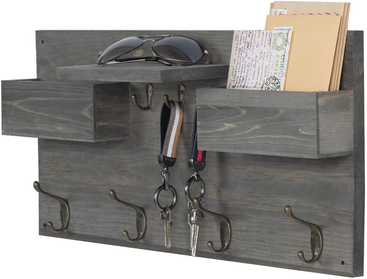 Gray Wood Wall Mounted Entryway Organizer Rack with Antique Coat Hangers, Key Hooks, Display Shelf and Mail Sorter Bins-MyGift