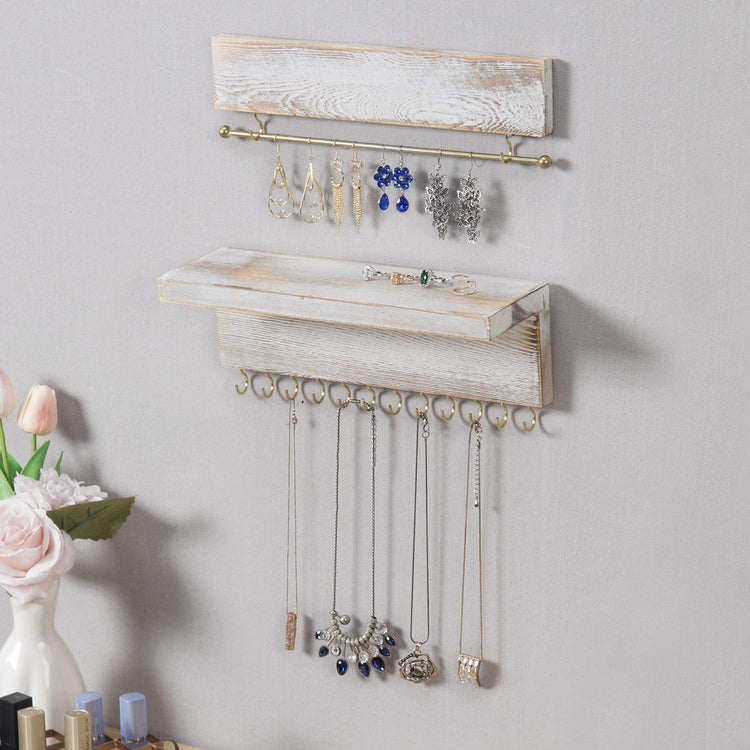 2 Piece Wall Mounted Jewelry Bar and Shelf with 12 Hooks, Shabby Whitewashed Wood Necklace Storage-MyGift
