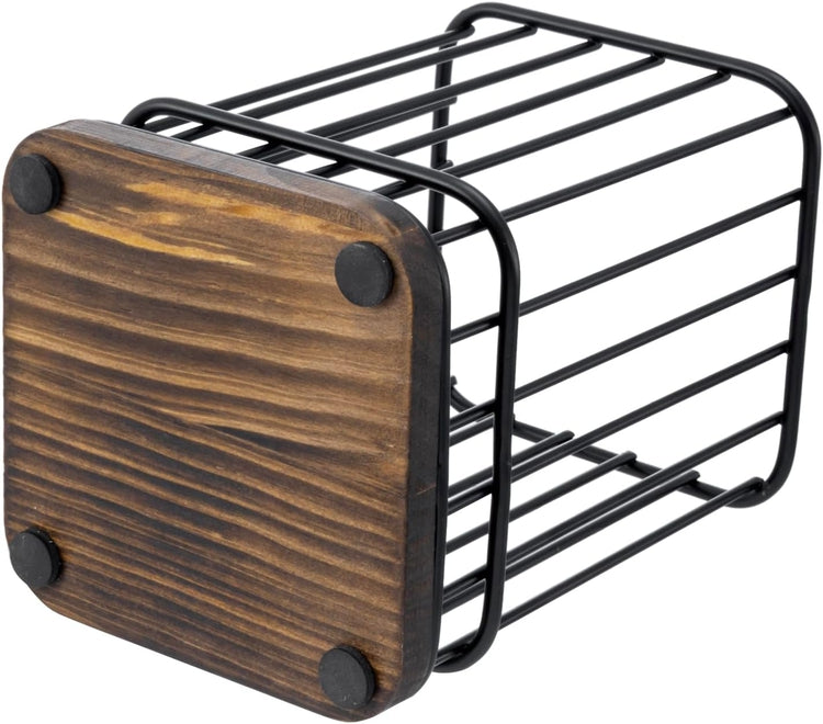Matte Black Metal Wire Utensils Crock with Burnt Wood Base, Rounded Square Kitchen Countertop Cooking Tools Holder-MyGift