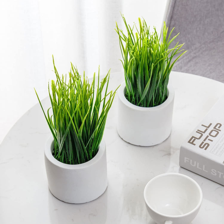Set of 2, Tabletop Artificial Grass Plants Faux Greenery Plant Potted in Cylindrical White Cement Pots-MyGift