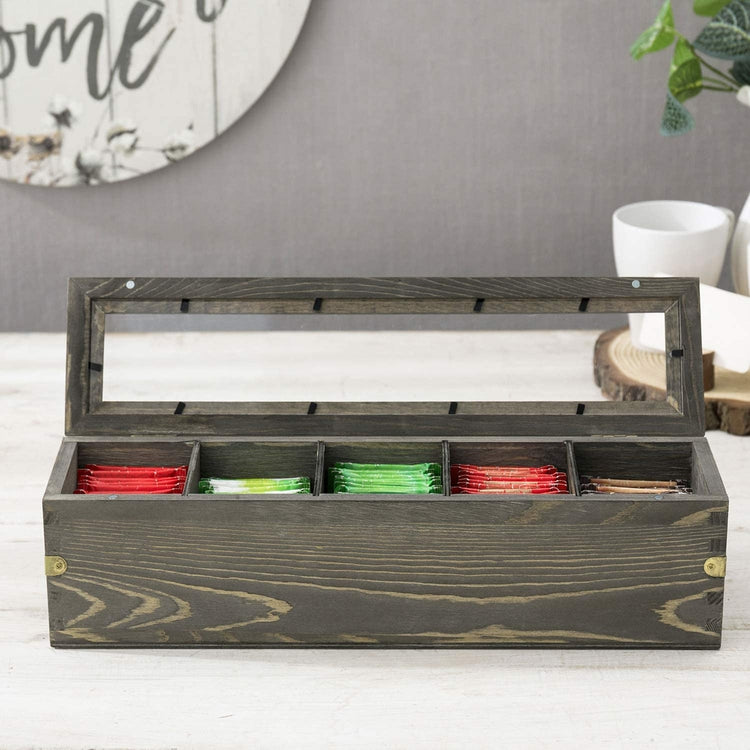 Gray Wood Tea Bag Storage Box with Clear Lid & Brass Metal Accent Wraps-MyGift