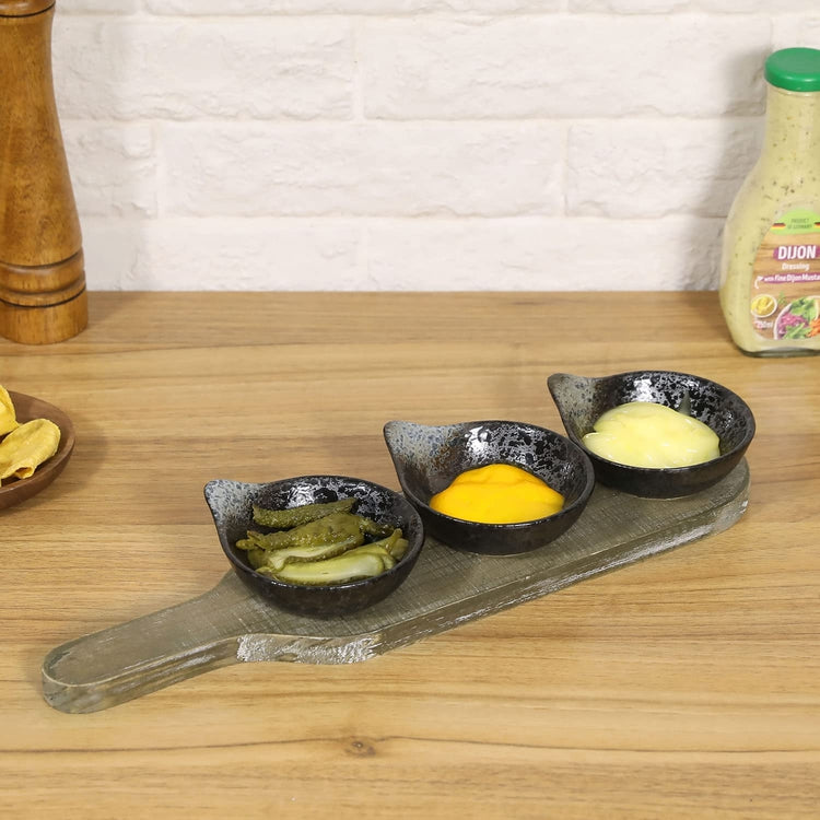 Whitewashed Wood Paddle Style Tray and Speckled Black Ceramic Bowls for Dips, Sauces, Toppings or Appetizers-MyGift